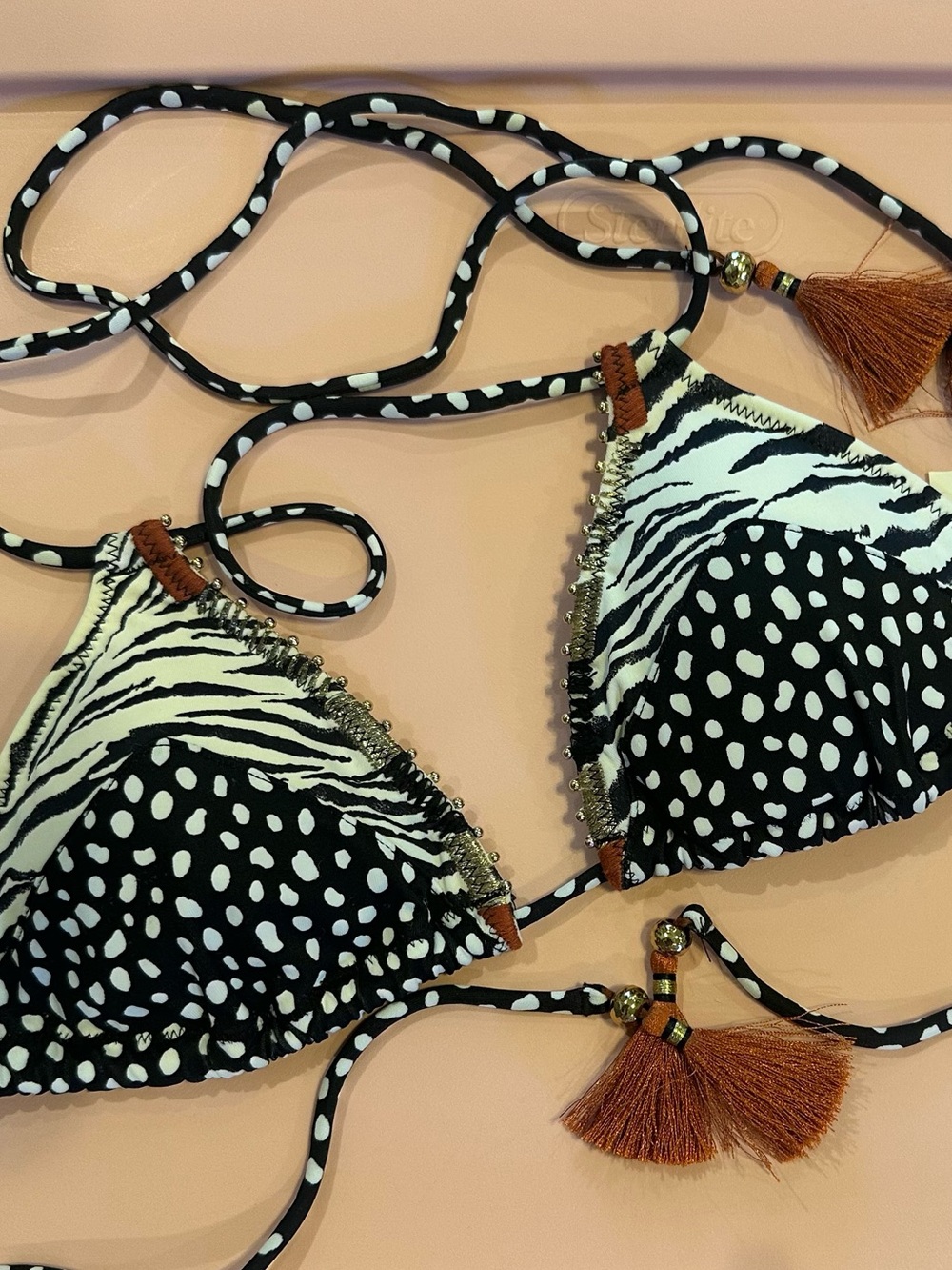 Victoria’s Secret Black & White Animal Mix Triangle Bikini Top with Rust Tassels